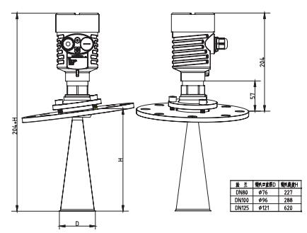 萬向(xiang)喇叭(ba)雷達(da)物位(wei)計外(wai)型尺(chi)寸圖(tu)